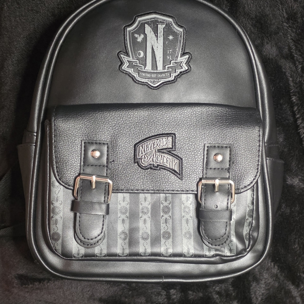 Wednesday Addams Family Nevermore Academy Black Faux Leather Mini Backpack